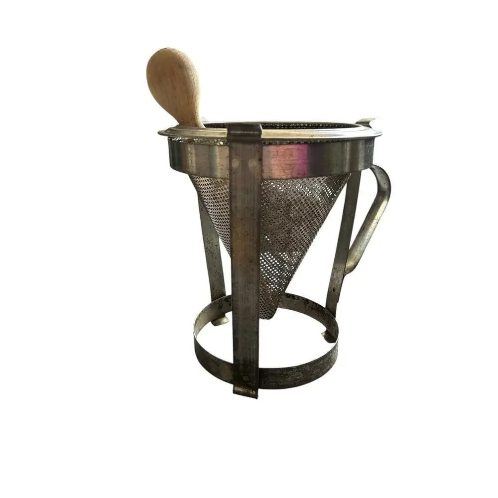 Antique Cone Sieve Food Mill Strainer on Tripod w Wood Pestle Masher some rust